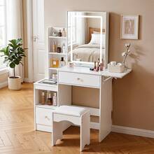 Dressing Table Set With Mirror And Stool, Adjustable LED Light Vanity Table, 3 Drawers Makeup Desk With Sliding Mirror - White #2 - View 5