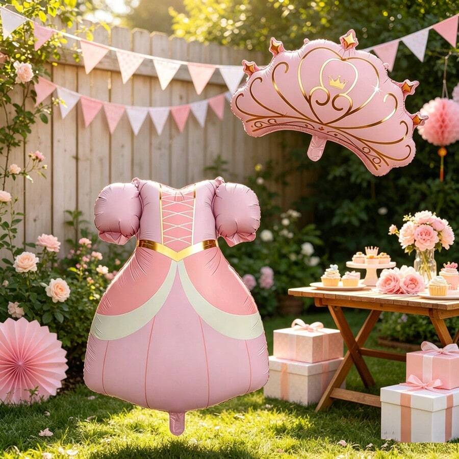 2pcs Pink Princess Dress & Pink Crown Foil Balloons, Perfect For Birthday Party Decoration, Event Party Scene Props - View 1
