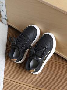 1 Pair Unisex Kids Gold Trim Minimalist Leather White Sneakers, Spring/Autumn New Soft Sole Anti-Slip Casual Skate Shoes, Versatile Campus Commute Sports Shoes For Toddlers And Young Children - Black - View 8
