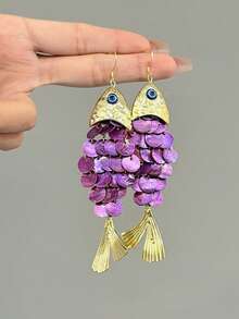 1 Pair Luxury Colorful Peacock Faux Crystal Earrings, Elegant Women's Solid Color Animal Dangle Earrings - Purple - View 4