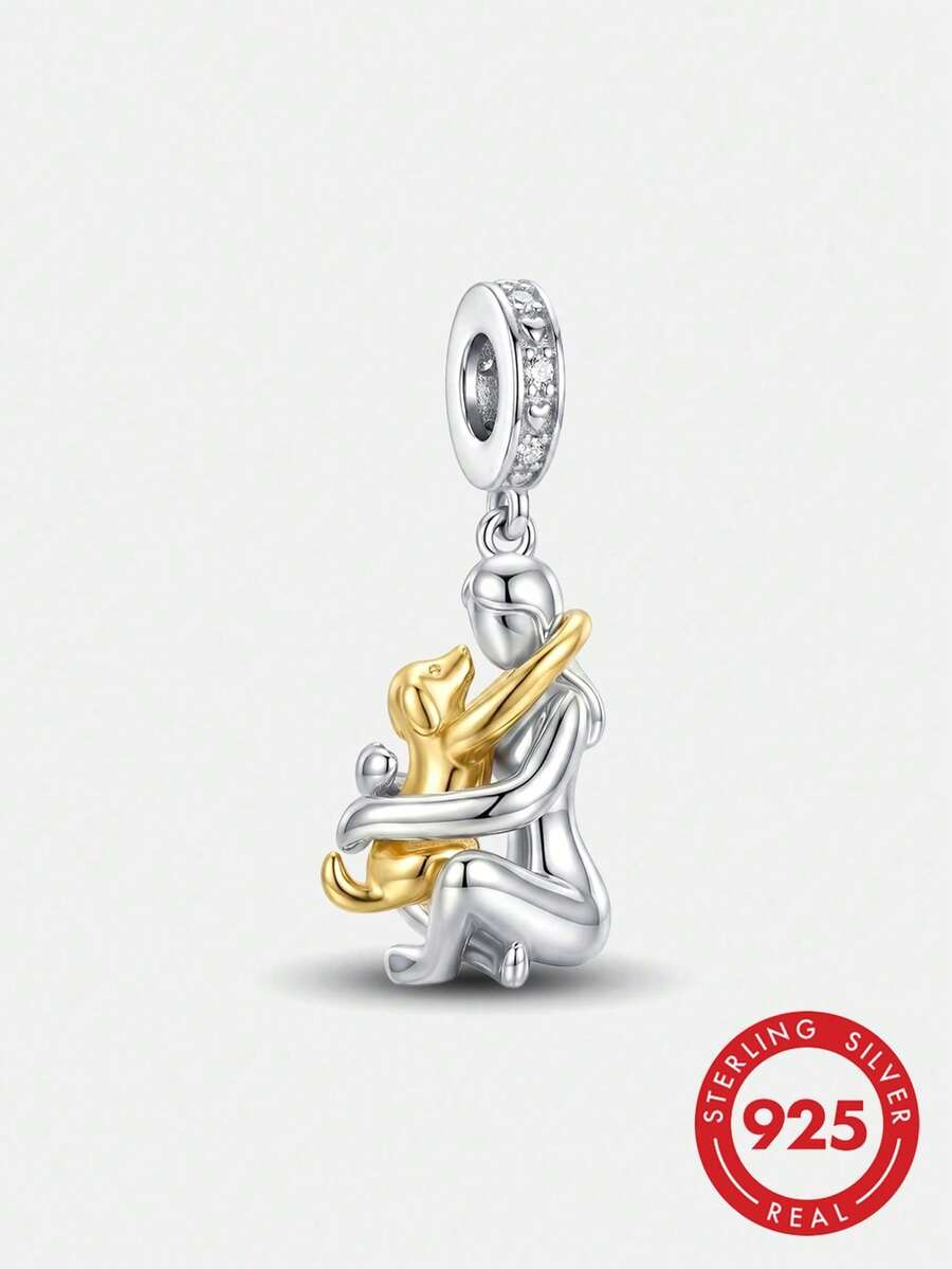 1 pièce Pendentif en argent sterling 925 avec design d'homme et de chien s'embrassant, perle, convient pour bracelet femme, bracelet rigide, fabrication de bijoux DIY et port quotidien - Style 6 - Voir 1