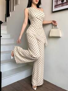 abyoxi Conjunto de 2 piezas de top sin mangas con cintura fruncida y parches de encaje con dobladillo asimétrico en color verde guisante, y pantalones de pierna ancha. Sexy y elegante - Albaricoque 2 - Ver 3
