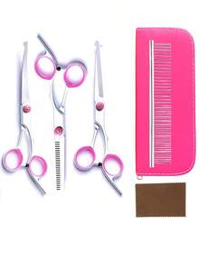 Pet Grooming Scissors Set Professional Straight Scissors, Thinning Scissors, Curved Scissors, Steel Comb, Suitable For Pet Hair Trimming And Grooming, Pink Professional Grooming Set - Multicolor - View 1