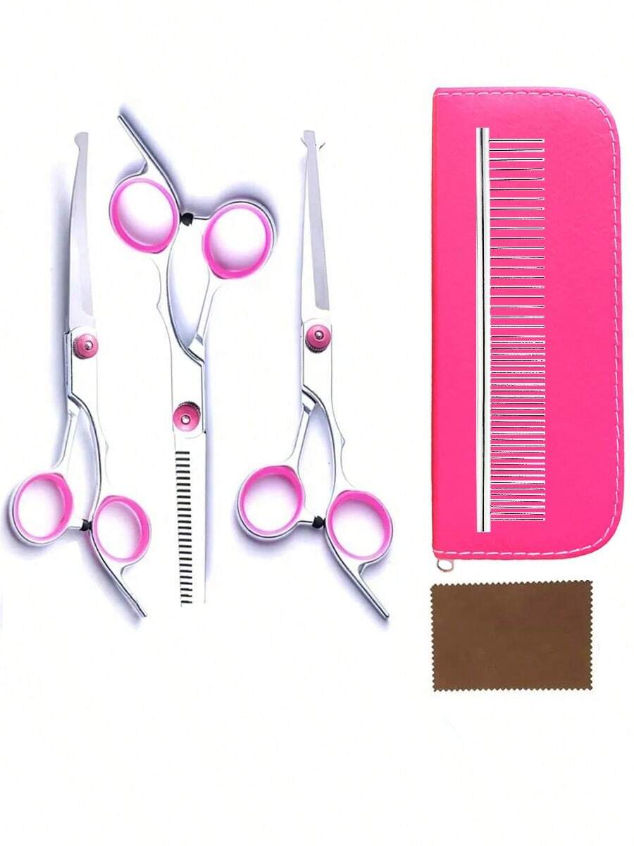 Pet Grooming Scissors Set Professional Straight Scissors, Thinning Scissors, Curved Scissors, Steel Comb, Suitable For Pet Hair Trimming And Grooming, Pink Professional Grooming Set - Multicolor - View 1