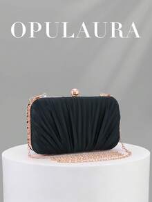 OpulAura 復古優雅緞面晚宴手拿包，百褶設計時尚正式派對包，迷人精緻正式晚宴包，高級方盒手拿包，適合派對/婚禮/正式場合晚餐，附鏈條可肩背/斜背 - 黑色 - 查看 2