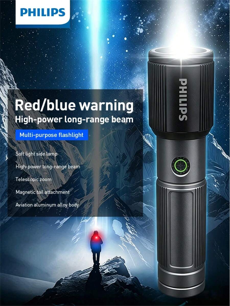 Senter Philips SFL2153 COD, Fokus Zoom, Lampu Samping COB, Strobo Peringatan Merah Biru, Basis Belakang Magnetik, Senter Darurat Multi-Mode - senter - View 1