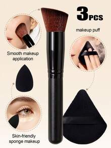 3PCS Makeup Tool Set,Multifunctional Brush+Makeup Puff+Mini Makeup Sponge,All-In-One Base Makeup Kit For Streak-Free Flawless Coverage - Black - View 4