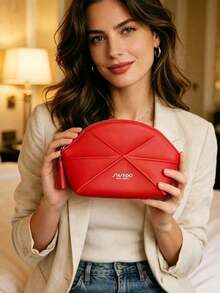 Shiseido Red Quilted Tassel Zipper Shell Makeup Bag, Large Capacity Waterproof Storage Pouch, Travel Commute Portable Touch-Up & Toiletry Bag, New Year Birthday Valentine's Day Festive Gift For Best Friend - Red - View 4