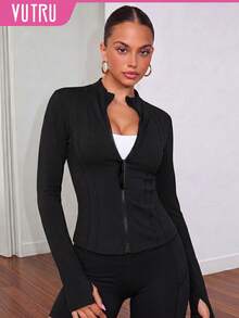 VUTRU Women Slim Fit Sports Jacket With Thumb Hole And Stand Collar Black Spring - Black - View 8