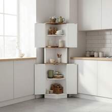 Sweiko Space-Saving Corner Pantry Cabinet With Door, Rustic-Style Storage Cabinet For Kitchen, Dining Room And Home, Open And Closed Shelves, Easy Assembly - White - View 2