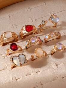 9pcs Gold-Tone Exquisite Versatile Bohemian Beach Vacation Style Sparkling Colorful Gemstone Rhinestone Heart Star Flower Sun Asymmetric Faux Pearl Open Adjustable Ring Set Fashion Personalized Jewelry Gift Suitable For Men And Women Daily Wear Perfect For Party And Holiday Gift Women Casual And Vacation Outfit Multi-Functional Accessory - Multicolor - View 2