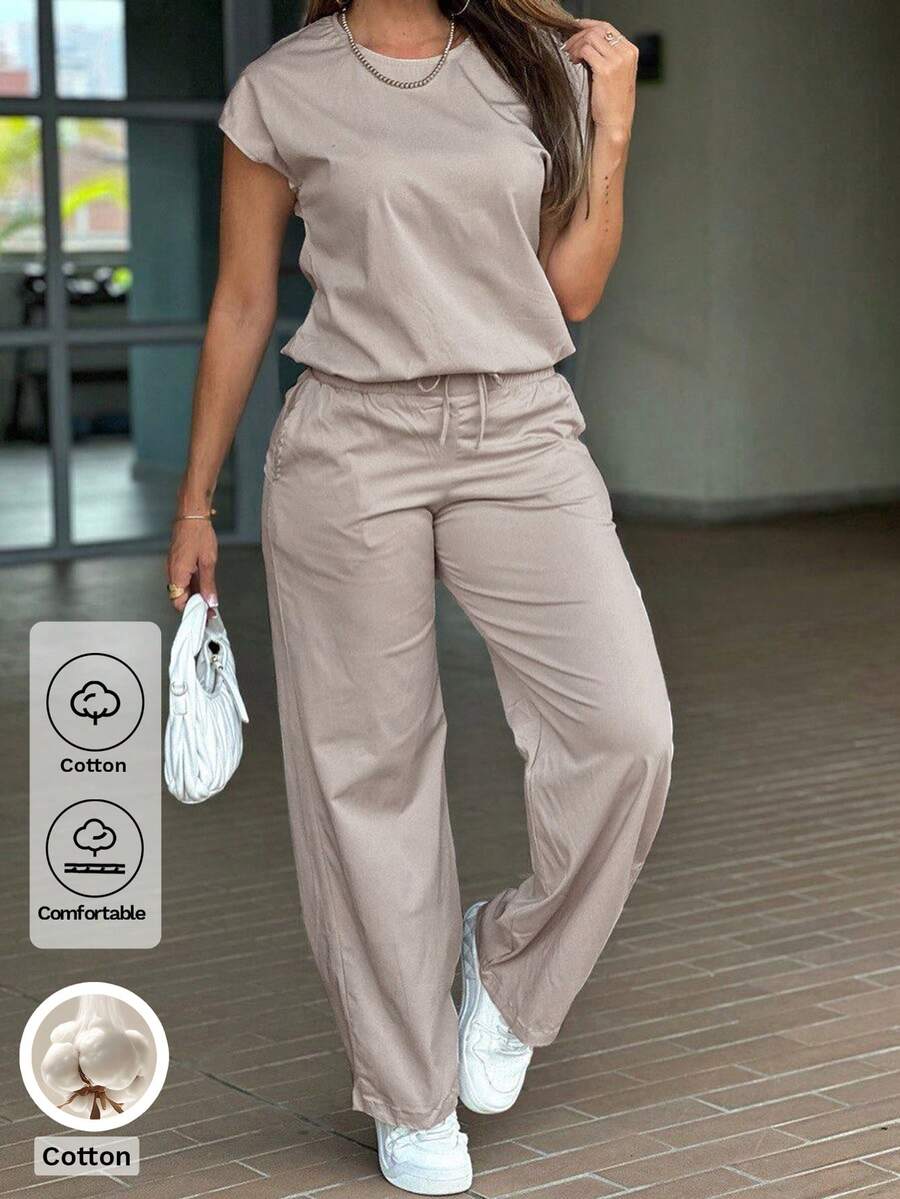 Vaiaye 女款 2 件式純棉純色居家服套裝上衣,秋季休閒運動套裝,夏季 - 駝色 - 查看 1