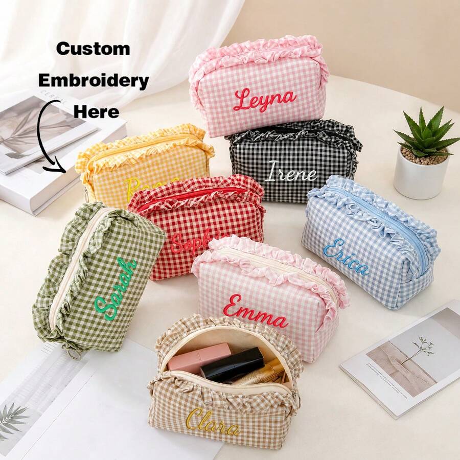 Personalized Gingham Cosmetic Bag, Ruffle Trim Makeup Pouch, Custom Name Toiletry Organizer, Small Travel Storage Bag, Coin Purse, Cute Gift - Multicolor - View 1