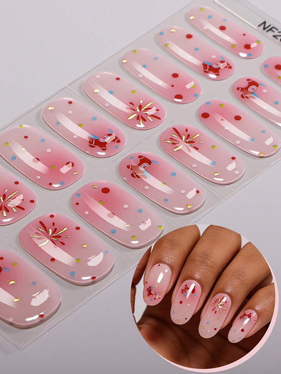 16pcs Pink Polka-Dot Semi Cured Gel Nail Strips,Sweet Gradient Summer UV Gel Nail Wraps, Salon Quality, Requires UV Lamp, Perfect For Ladies Holiday Trips And Porm DIY Nail Art Stickers