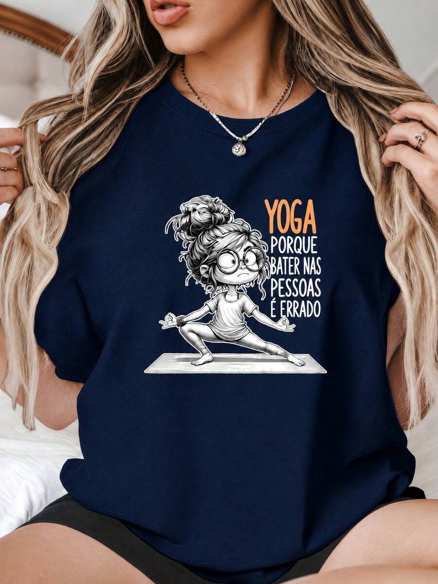 Camiseta Blusa Feminina Yoga Porque Bater É Errado 100% Algodão  Promoção - Azul - Visão 1