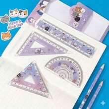 Kit Régua Escolar 4 Peças Gatinho Kawaii Régua, Esquadro e Transferidor Completo - Tamanho Único - Visão 10