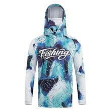 Men's Blue Printed Hooded Fishing Shirt With Face Mask, Long Sleeve Sun Protection Top Sports Fall - Cadet Blue - View 10