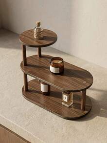 1pc Vintage Wooden Desktop Organizer, Multi-Layer Cosmetic Storage Rack, Multi-Functional Home Storage Rack, Kitchen Spice Rack, Cup/Mug Holder, Lipstick, Perfume, Tea Cup, Seasoning Bottle Open Display Rack, Space-Saving Countertop Shelf - Walnut Oval - View 5
