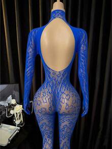 Elastic Fishnet Fitted Sexy Lingerie Jumpsuit - Blue - View 3