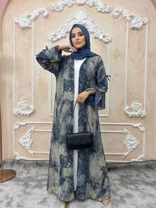 Hafizah 穆斯林女款端莊時尚雪紡印花兩件套，含希賈布，夏季休閒外套 - 藍色 - 查看 4