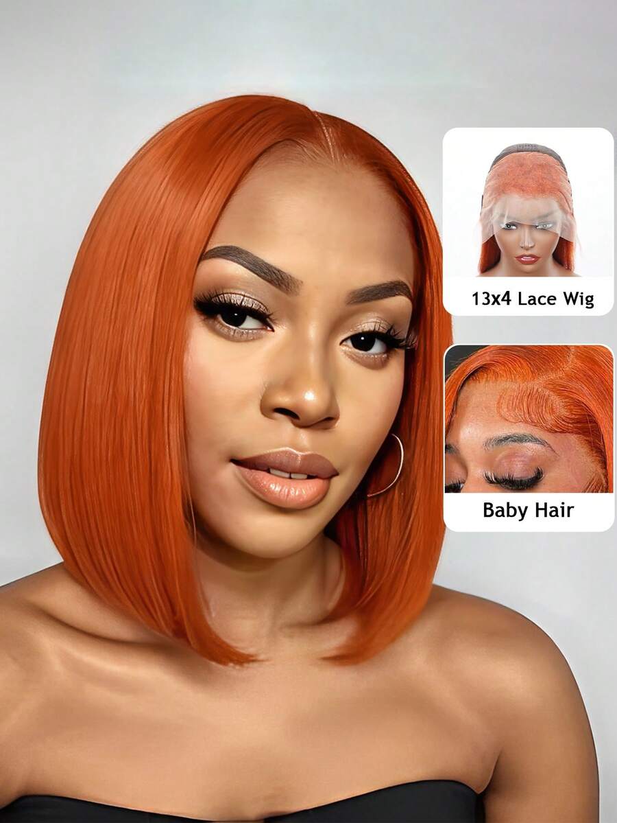 13x4 Transparent Lace Front Wig - Brazilian Real Human Hair 180% Density #350 Ginger Yellow Blonde Bob Cut, Pre-Plucked Hairline With Hair, Looking Straight Hair For Women - S350 - View 1