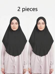 2件裝穆斯林阿拉伯女性純色柔軟頭巾 Hijab 頭巾，適合中東日常使用，保守風 HIJAB ABAYA - 黑色2件裝 - 查看 1
