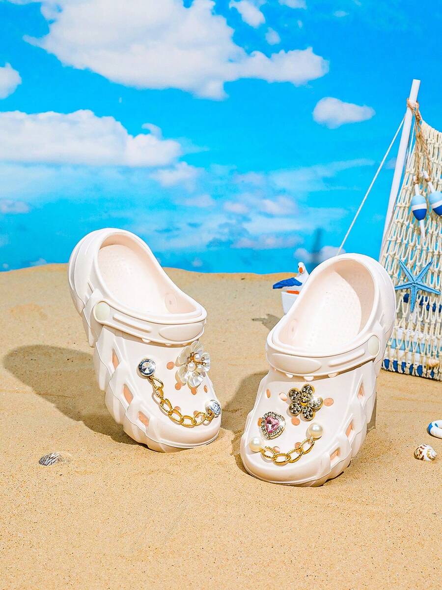 HOEASE Zuecos para jóvenes, zapatos de jardín y playa de EVA para niñas en verano, diseño transpirable sin cordones, diseño con purpurina rosa para actividades en el hogar y al aire libre - Beis - Ver 1