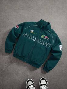 MAISONFOX Áo khoác nam casual in chữ tay dài, áo khoác đua xe phong cách streetwear xuân/thu, áo khoác mô tô phi công thiết kế tay dài - Xám - Xem 1
