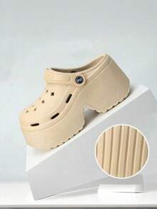 Pantofole da donna con piattaforma spessa e traforata, sandali slip-on in EVA traspirante con cinturino posteriore regolabile e rialzante, scarpe mule casual estive per spiaggia e uso all'aperto, antiscivolo e anti-odore - Cachi - Visualizzare 8