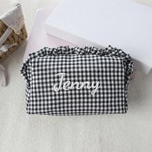 Personalized Gingham Cosmetic Bag, Ruffle Trim Makeup Pouch, Custom Name Toiletry Organizer, Small Travel Storage Bag, Coin Purse, Cute Gift - Multicolor - View 25