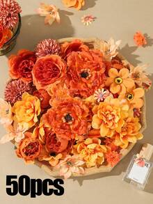 50PCS/100PCS Orange Tone Mixed Artificial Flower Head Set, Autumn Artificial Flower Head Wall Decoration, Suitable For Autumn Decor, Room Decor, Wedding Decor, Home Decor, Tabletop Wall Decor, Garden Decoration, Floral Arrangement Craft, Holiday Gift Choice - Orange - View 10
