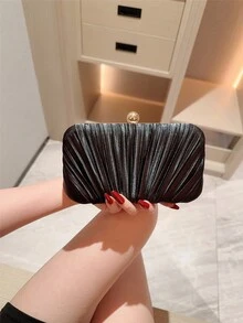 1pc Gold Glitter Leather Box Clutch Evening Bag, Fashion Luxury Party Handbag, Formal Evening Bag, Ball Clutch, Chain Crossbody Bag, Square Bag - Black - View 2