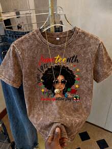 Acid Wash Regular Fit Short Sleeve T-Shirt, INS Style "Juneteenth" Graphic Print, Brown Vintage Heavyweight Washed Street Style Top Casual Summer - Mocha Brown - View 4