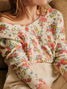 Women's Ditsy Floral Knit Sweater, Boat Neck Long Sleeve Top, Back Button Closure Design, Autumn Street Casual Outdoor Jacket - Multicolor - View 4