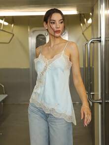 Women's Solid Color Lace Patchwork Hollow Asymmetrical Hem Vacation Style Camisole Summer - Baby Blue - View 5
