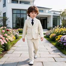 3pcs Young Boy's Suit Set (Jacket + Pants + Tie), Formal Outfit For Piano Performance, Wedding, Ceremony - كاكي - مشاهدة 2