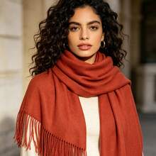 Plain Polyester Pashmina Shawl/Scarf, 150g-180g, With Fringe, Unisex. - 橘色 - 查看 2