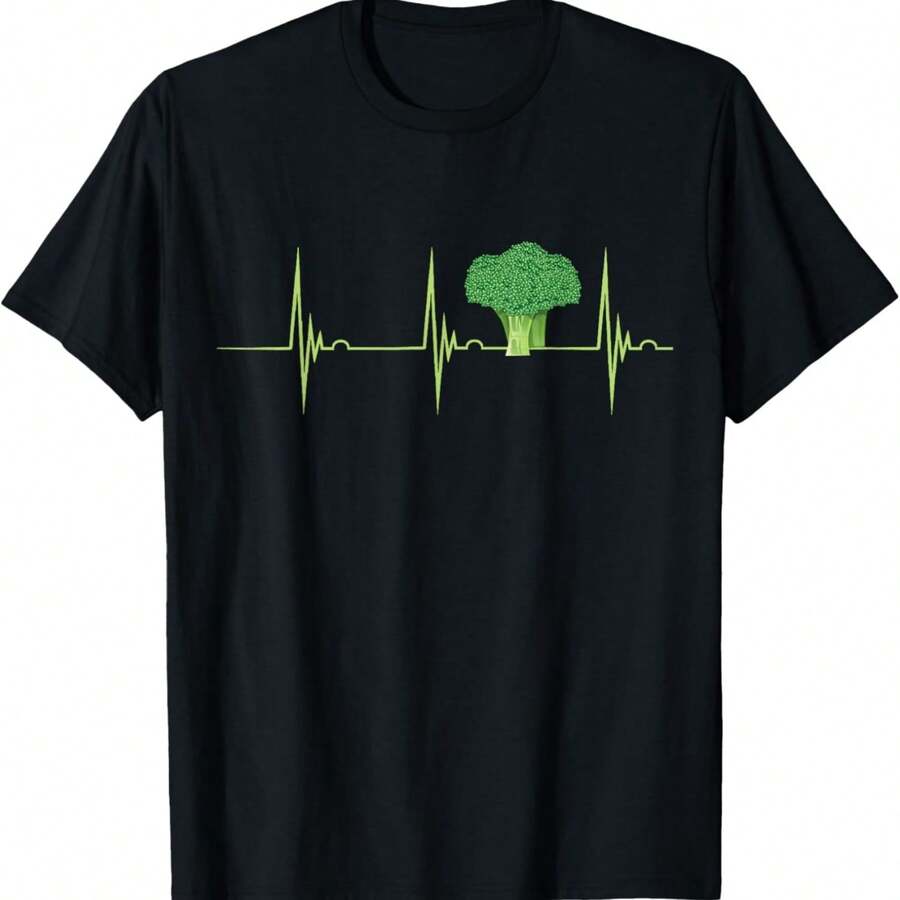 Broccoli Lover Heartbeat EKG Pulse Green Vegetable Veggie T-Shirt - Black - View 1