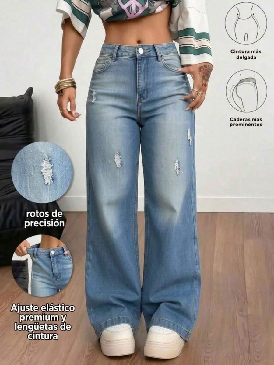 Pantalones rectos de mezclilla azul claro lavados con roturas, cintura media, elásticos y con caída elegante - azul verdoso - Ver 1