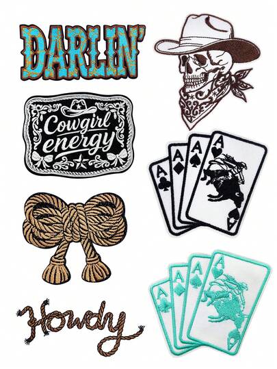 西部牛仔女刺繡燙貼布章套組，復古牛仔競技場骷髏牛仔帽撲克 A Howdy Darlin 牛仔女活力縫製布章，適用於夾克、帽子、包包 DIY 裝飾