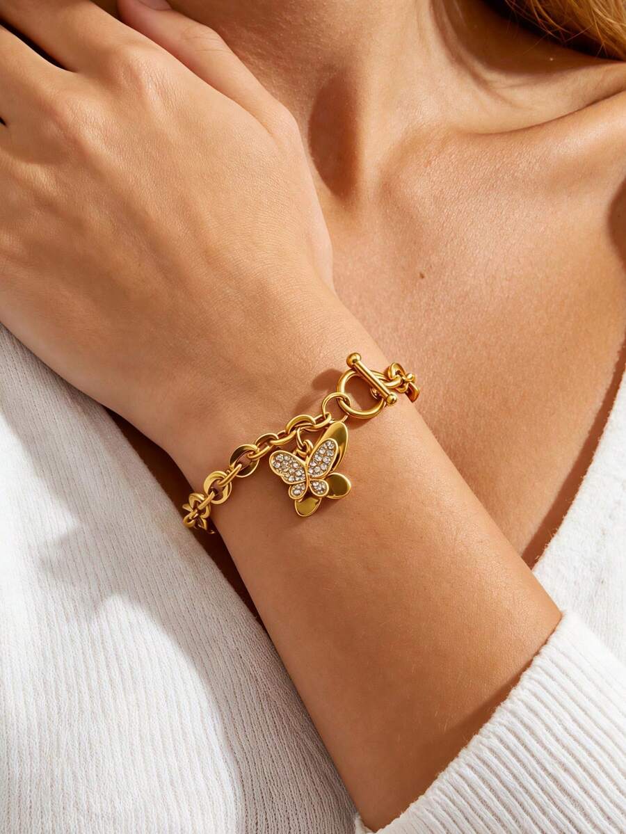 MECYLIFE 1pc Gold Stainless Steel OT Clasp Bracelet For Women, Fashion Elegant Butterfly Pendant Bracelet With Rhinestones - Yellow Gold - View 1
