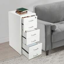 1Pc White 6-Drawer Coated Steel Under Desk Mobile Pedestal With Central Anti-Theft Lock & Brake Casters, Anti-Tilt Rolling Storage Cabinet For A4 Documents, Stationery, Art Supplies, Cosmetics, Home Studio & Office Organization - White - View 1