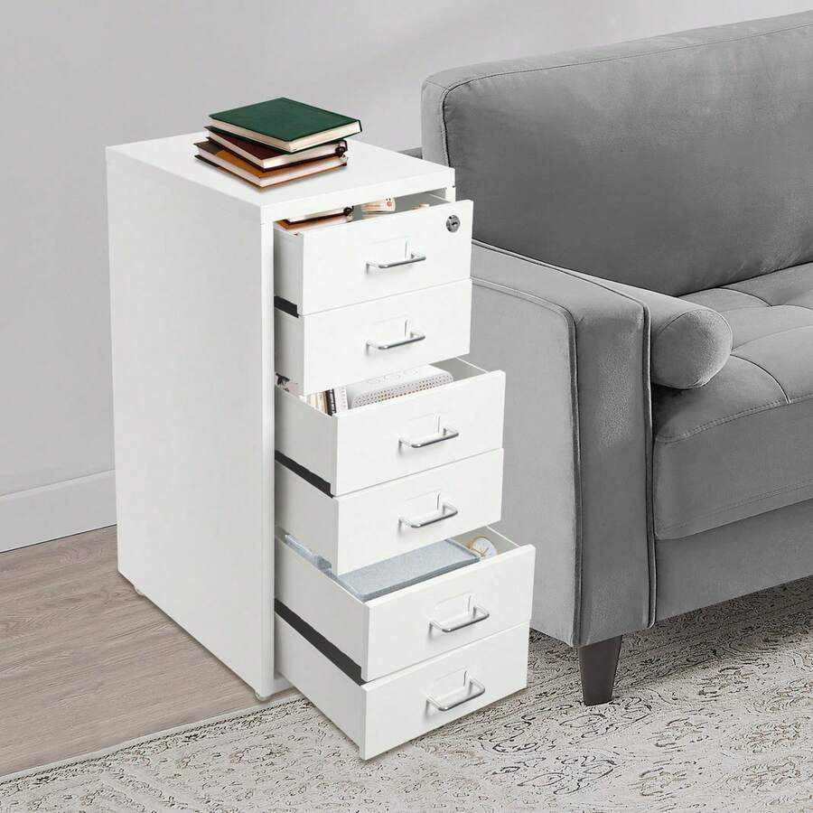 1Pc White 6-Drawer Coated Steel Under Desk Mobile Pedestal With Central Anti-Theft Lock & Brake Casters, Anti-Tilt Rolling Storage Cabinet For A4 Documents, Stationery, Art Supplies, Cosmetics, Home Studio & Office Organization - White - View 1