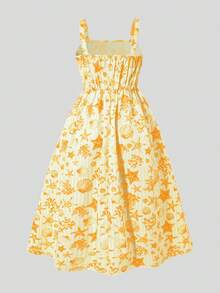 Sweet Summer Vacation Style Girls' Cami Dress, Printed Pattern With Ocean Elements And Lace Trim, Soft And Comfortable - Yellow - View 4