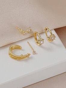 5pcs Exquisite Cubic Zirconia Star Stud Earrings Set, Women's Daily, Date, Party, Gathering Layering Matching - Yellow Gold - View 4
