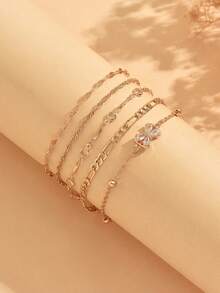 5pcs/Set Luxury Bowknot Hand Jewelry Set With Thick & Thin Gold Chain, Transparent Faceted Rhinestone Bowknot Decor, Minimalist Design For Women, Suitable For Summer Short Sleeve & Camisole Outfits, Chain Length Cut By Sections, Exact Number Of Links Unspecified - Multicolor - View 3