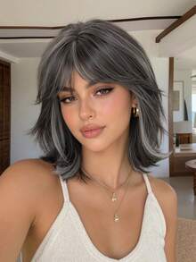 Gray Silver Highlight Mixed Low Curvature Slight Wavy 12 Inch Shaggy Layered Bob Wig Heat Resistant Synthetic Air Fringe Wig For Female - Multicolor - View 1