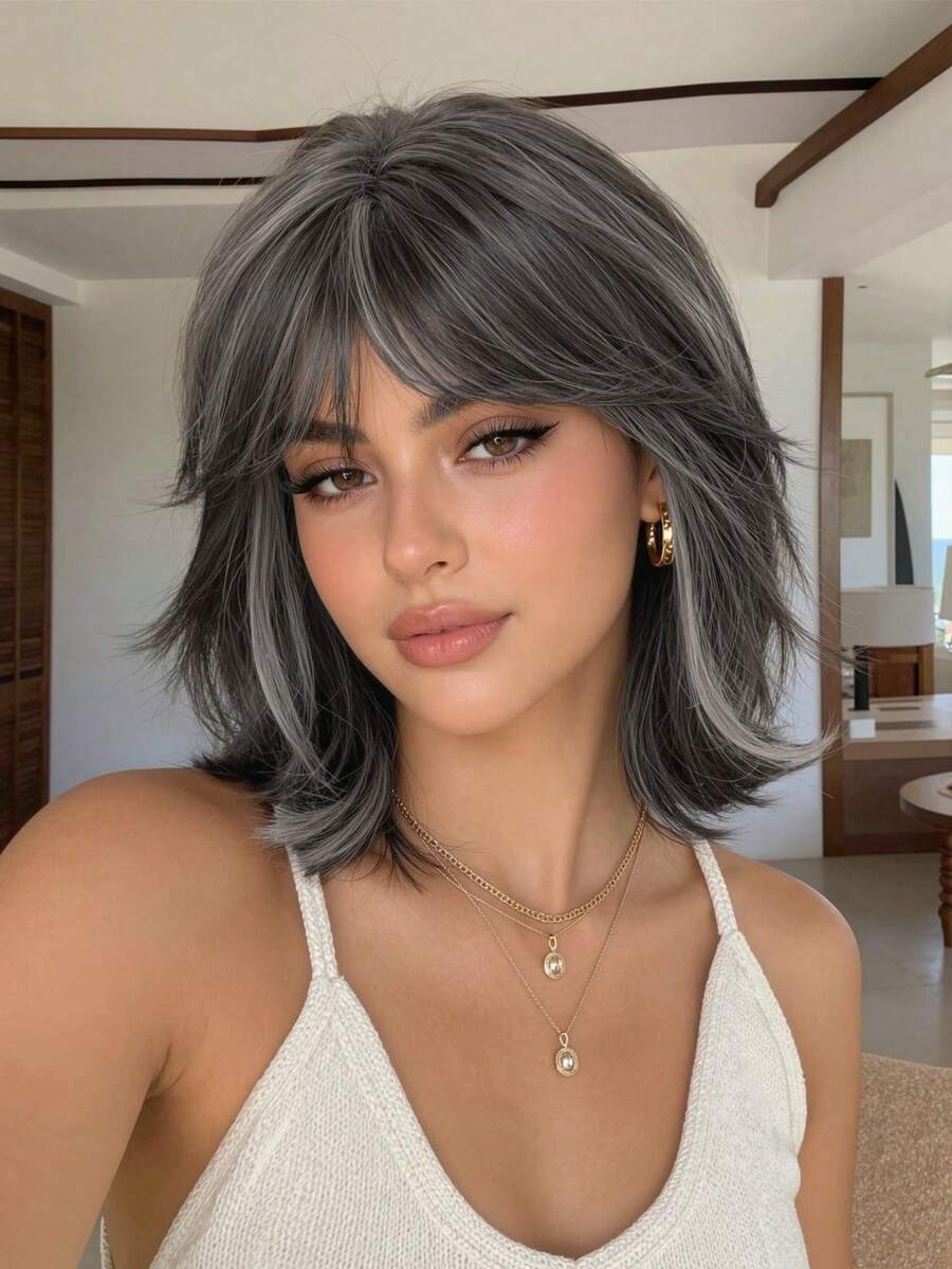Gray Silver Highlight Mixed Low Curvature Slight Wavy 12 Inch Shaggy Layered Bob Wig Heat Resistant Synthetic Air Fringe Wig For Female - Multicolor - View 1