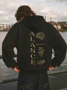 SU ER Men's Autumn/Winter Printed Loose Fleece Hooded Sweatshirt | Leading Fashion - Black - View 4