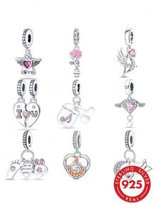 1 pièce pendentif en argent sterling S925 blanc phosphorescent, rose, aile, étoile, lune, ange, nœud, flèche, cœur, LOVE, compagnon, patte mignonne, pied, feu, énergie, convient pour bracelet original, collier, porte-clés, fabrication de pendentif DIY, cadeau pour femme, convient pour anniversaire, fête, cadeau de vacances - Rose bonbon - Voir 1